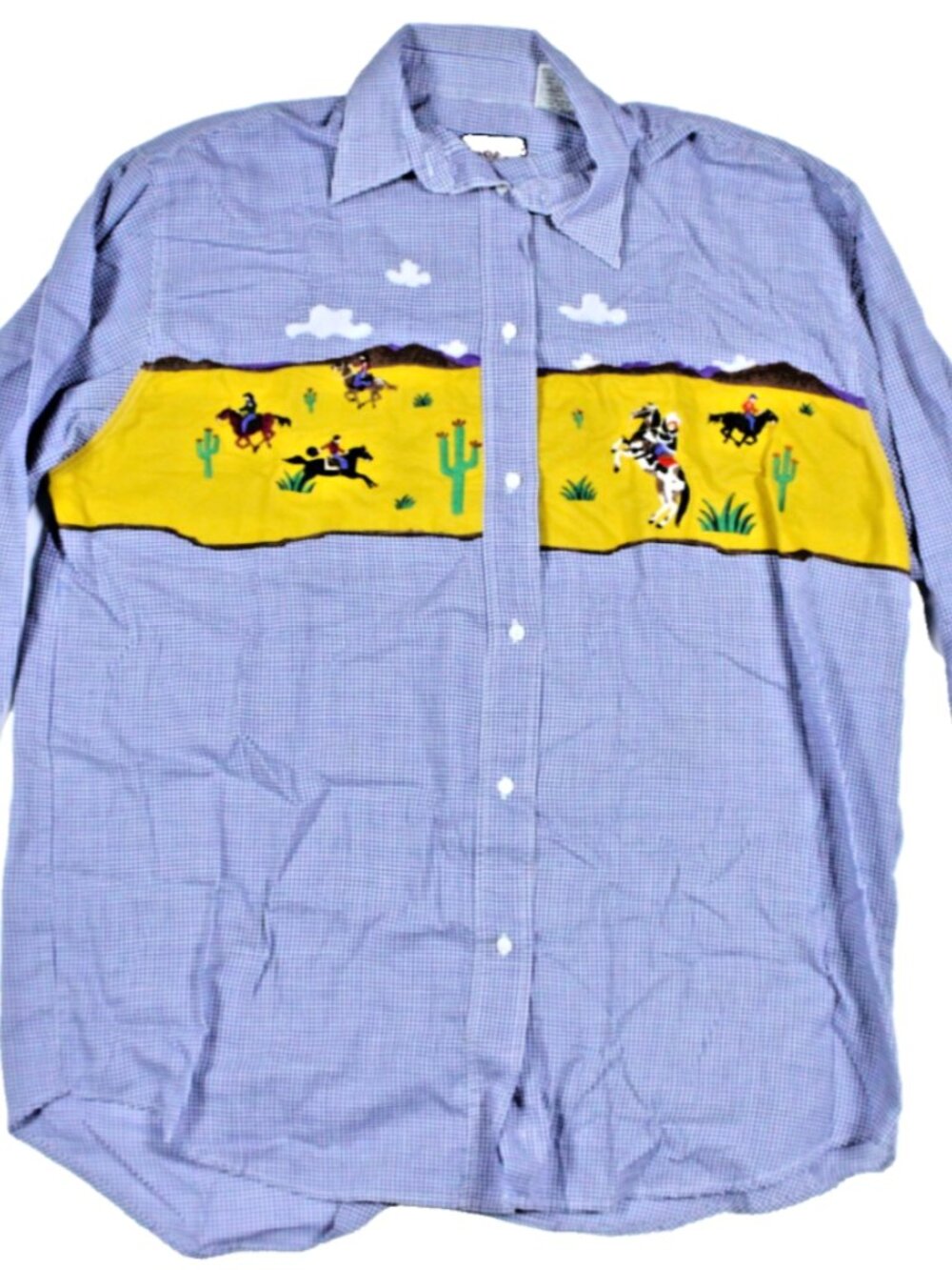 Vintage Blue Western Shirt with Embroidered Cowboy Design sz M mens checker